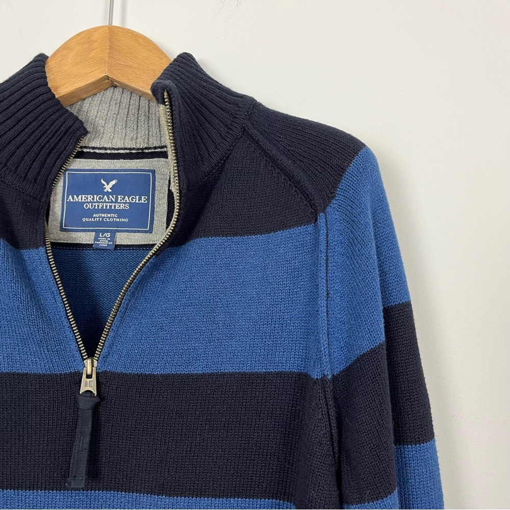 American Eagle Outfitters Navy and Blue Striped Half-Zip Sweater